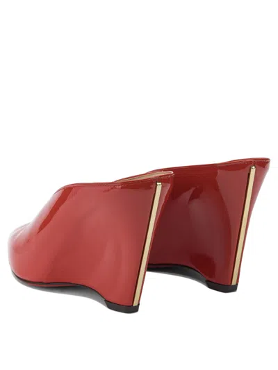 Ferragamo Alicia Patent Leather Peep-toe Wedge Mules In Red