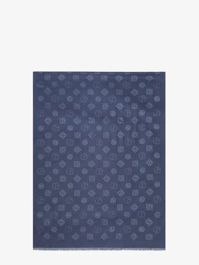 Giorgio Armani Men Silk Scarf With All-over Monogram Print In Blue