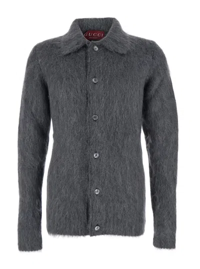 Gucci Men Grey Cardigan With Classic Collar And Brushed Effect In Mohair Blend Woman In Gray
