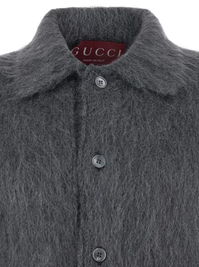 Gucci Men Grey Cardigan With Classic Collar And Brushed Effect In Mohair Blend Woman In Gray