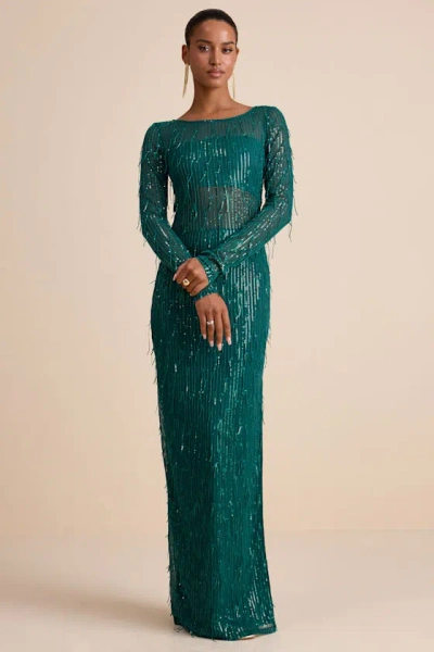 Lulus Sheer Fascination Emerald Sheer Mesh Sequin Fringe Maxi Dress In Green