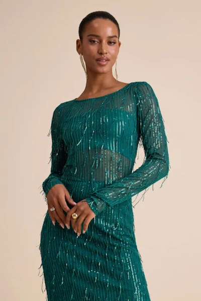 Lulus Sheer Fascination Emerald Sheer Mesh Sequin Fringe Maxi Dress In Green