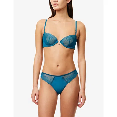 Calvin Klein Womens Teal Marine Geo Lace Stretch-woven Thong Xs In Blue