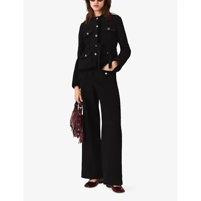 Maje Womens Black Contrast-trim Belted-waist Tweed Jacket In Black