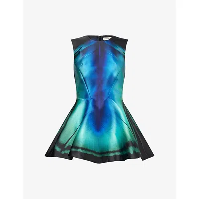 Mary Katrantzou Womens Teal Feather Arnim Feather-print Flared Crepe Mini Dress In Blue