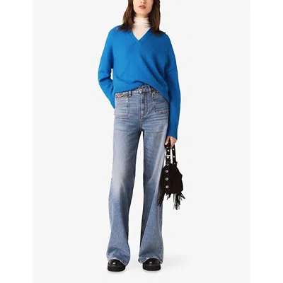 Maje Womens Turquoise Open-collar Stretch Wool And Cashmere-blend Jumper In Blue