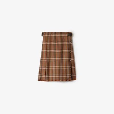 Burberry Pleated Skirt With Frayed Hem And Buckles In Brown