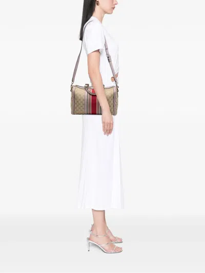 Pre-owned Gucci 2016-2025 Medium Gg Canvas Web Joy Boston Bag Satchel In Brown