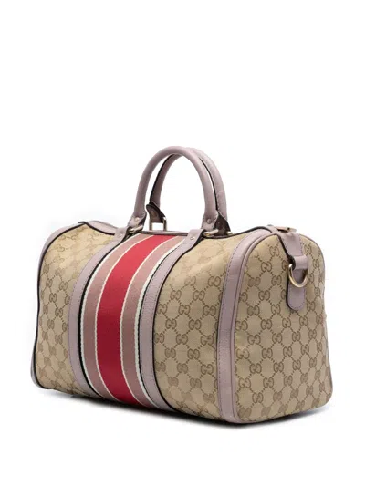 Pre-owned Gucci 2016-2025 Medium Gg Canvas Web Joy Boston Bag Satchel In Brown