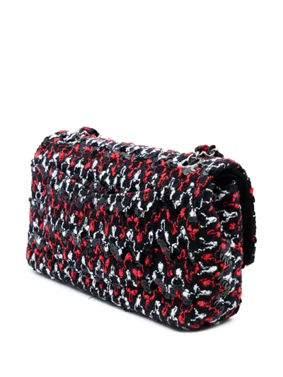 Pre-owned Chanel 2009-2010 Medium Classic Sequined Tweed Double Flap Shoulder Bag In Black
