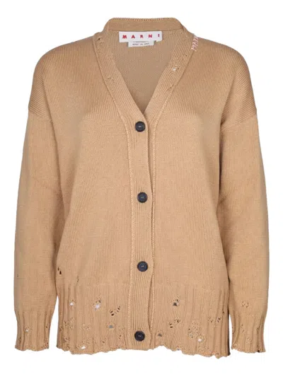 Marni Button Distressed Cardigan In Brown