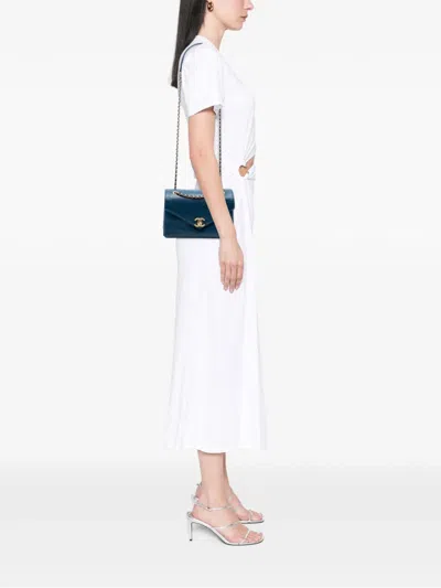 Pre-owned Chanel 2018 Small Chevron Lambskin Stitched Envelope Flap Shoulder Bag In Blue