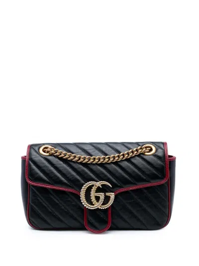 Pre-owned Gucci 2016-2025 Medium Gg Marmont Matelasse Diagonal Leather Torchon Shoulder Bag In Black