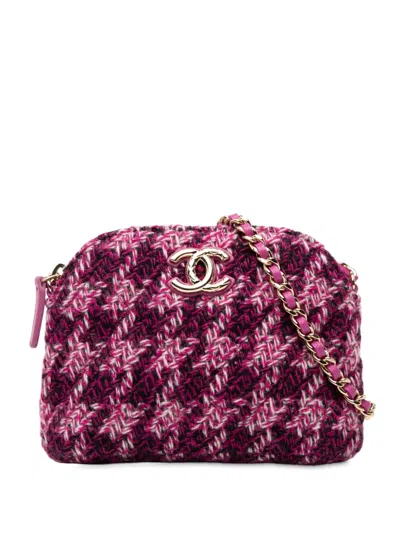 Pre-owned Chanel 2021-2025 Cc Tweed Houndstooth Clutch On Chain Crossbody Bag In Purple