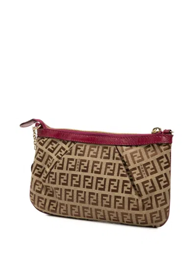 Pre-owned Fendi 2000-2010 Zucchino Canvas Chain Pochette Shoulder Bag In Brown