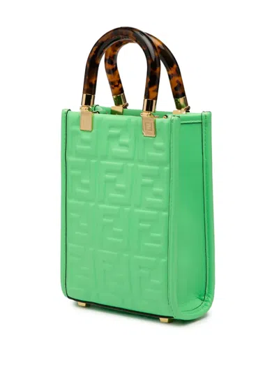 Pre-owned Fendi 2010-2025 Mini Zucca Embossed Leather Sunshine Shopper Tote Satchel In Green