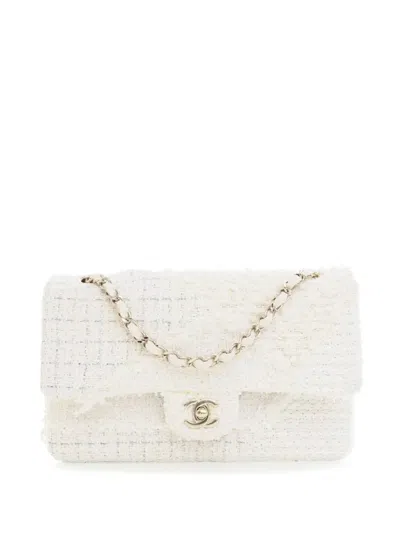 Pre-owned Chanel 2020 Medium Classic Tweed Double Flap Shoulder Bag In White