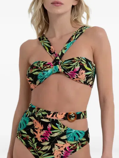Patbo Tropical Ruffled Bikini Top In Black