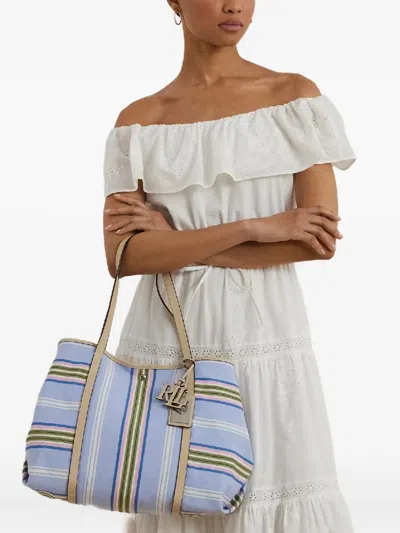 Ralph Lauren Striped-pattern Logo-charm Tote Bag In Blue