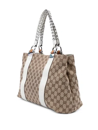 Pre-owned Gucci 2000-2015 Medium Gg Canvas Bamboo Libeccio Tote Bag In Brown