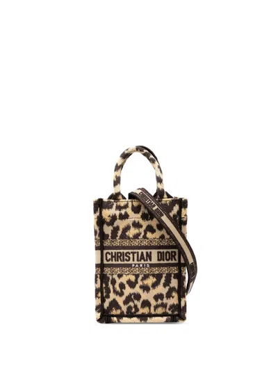 Pre-owned Dior 2022 Mizza Mini Embroidered Canvas Leopard Vertical Book Tote Satchel In Brown
