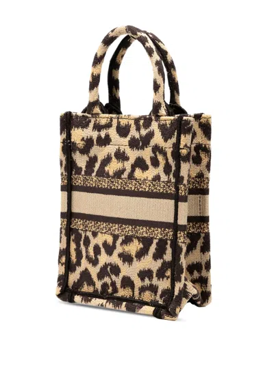 Pre-owned Dior 2022 Mizza Mini Embroidered Canvas Leopard Vertical Book Tote Satchel In Brown