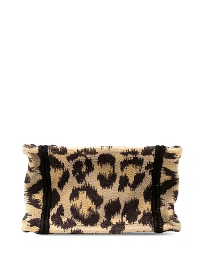 Pre-owned Dior 2022 Mizza Mini Embroidered Canvas Leopard Vertical Book Tote Satchel In Brown
