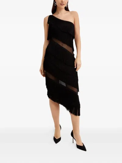 Norma Kamali Fringed Asymmetric Midi Dress In Black