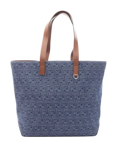 Pre-owned Fendi 2000-2010 Medium Jacquard Ff Shopping Bag Tote Bag In Blue