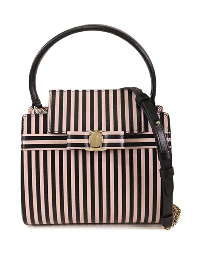 Pre-owned Ferragamo 2000-2025 Striped Leather Vara Bow Top Handle Bag Satchel In Pink