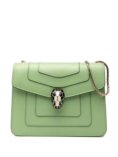Pre-owned Bvlgari 2010-2025 Small Leather Square Serpenti Forever Chain Crossbody Bag In Green