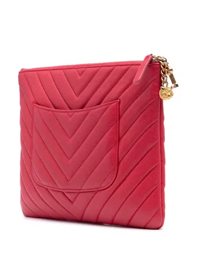 Pre-owned Chanel 2017-2018 Medium Chevron Caviar Ancient Greek Charms O Case Clutch Bag In Red