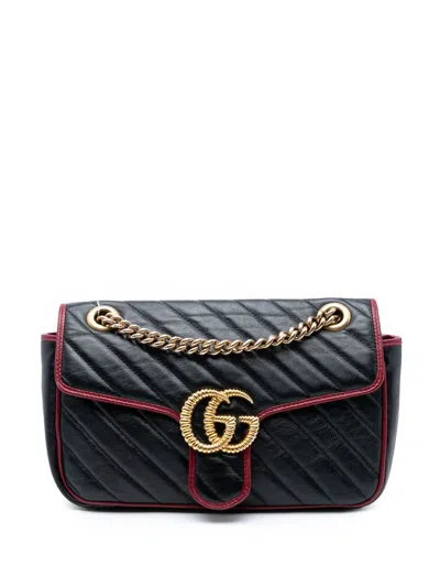 Pre-owned Gucci 2016-2025 Medium Gg Marmont Matelasse Diagonal Leather Torchon Shoulder Bag In Black