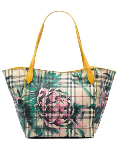 Pre-owned Burberry 2000-2017 Small Haymarket Check Floral Print Coated Canvas Canterbury Tote Bag In Brown