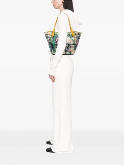 Pre-owned Burberry 2000-2017 Small Haymarket Check Floral Print Coated Canvas Canterbury Tote Bag In Brown