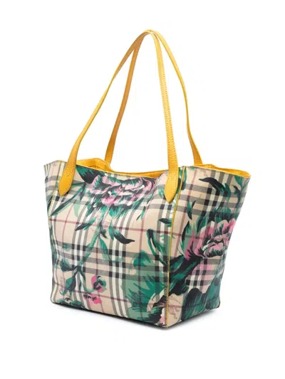 Pre-owned Burberry 2000-2017 Small Haymarket Check Floral Print Coated Canvas Canterbury Tote Bag In Brown