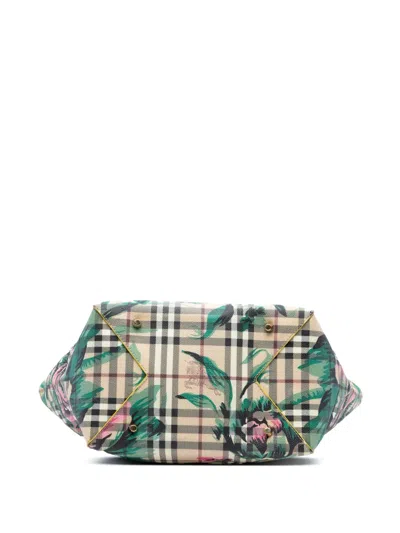 Pre-owned Burberry 2000-2017 Small Haymarket Check Floral Print Coated Canvas Canterbury Tote Bag In Brown