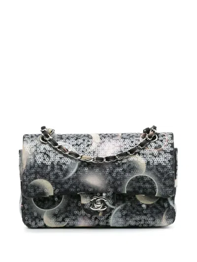 Pre-owned Chanel 2018 Medium Classic Canvas Sequin Moon Double Flap Shoulder Bag In Black