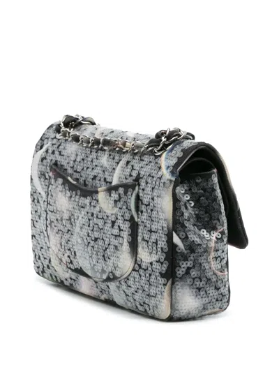 Pre-owned Chanel 2018 Medium Classic Canvas Sequin Moon Double Flap Shoulder Bag In Black