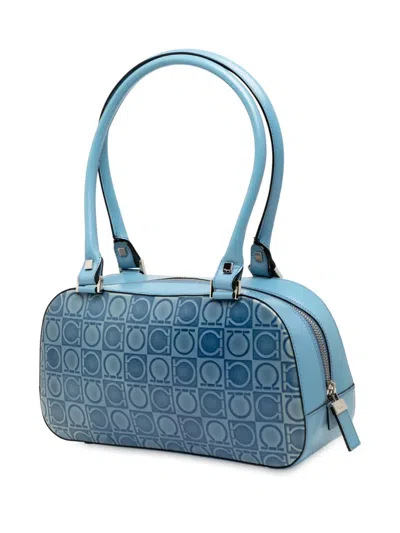 Pre-owned Ferragamo 2021 Gancini Embossed Leather Shoulder Bag In Blue