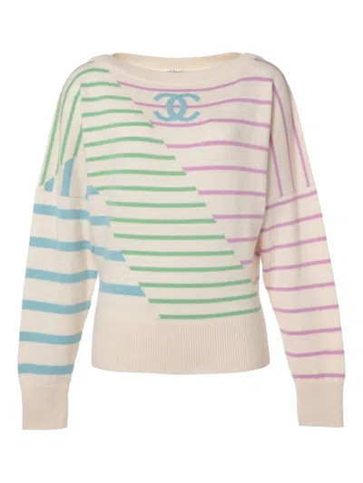 Pre-owned Chanel 2020 Striped Cc Sweater In Neutral