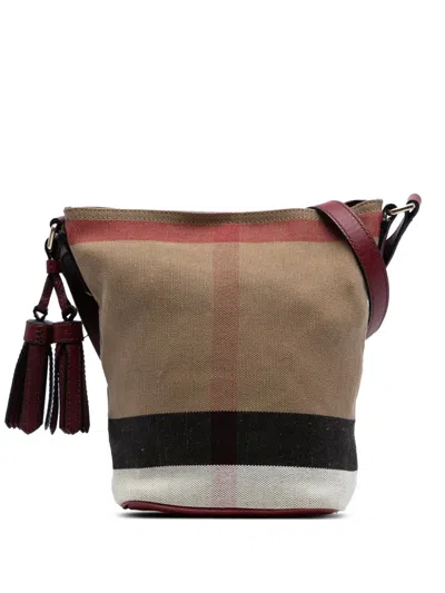 Pre-owned Burberry 2000-2017 Mini Mega Check Canvas Ashby Tassel Bucket Bag In Red