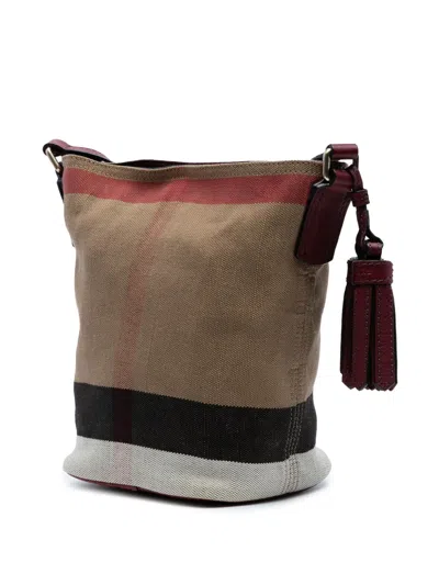 Pre-owned Burberry 2000-2017 Mini Mega Check Canvas Ashby Tassel Bucket Bag In Red