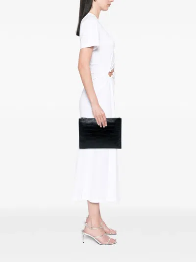 Pre-owned Saint Laurent 2016 Crocodile Embossed Leather Zipped Tablet Holder Clutch Bag In Black