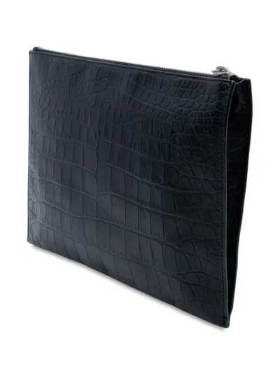 Pre-owned Saint Laurent 2016 Crocodile Embossed Leather Zipped Tablet Holder Clutch Bag In Black