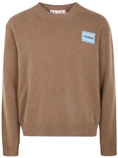 Marni Ribbed Cuff Crew Neck Knit Sweater In Brown