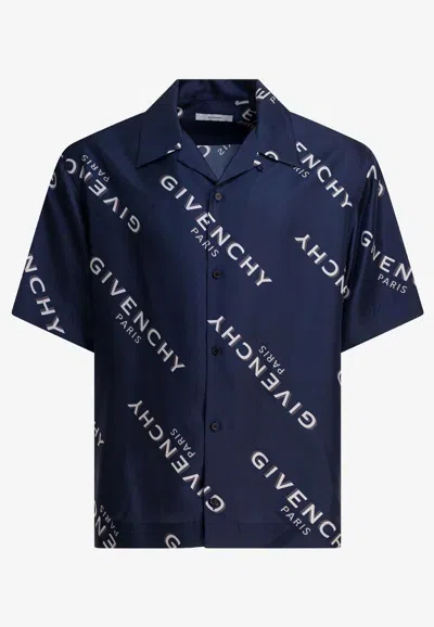 Givenchy Convertible-collar Logo-print Silk-twill Shirt In Blue
