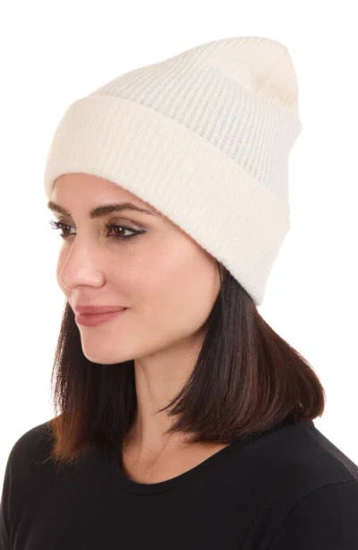 Amicale Ribbed Cashmere Double Cuff Beanie In White