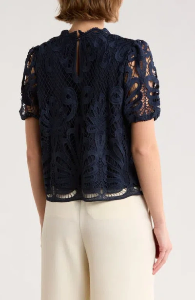 Nvlt Mock Neck Short Sleeve Lace Top In Blue