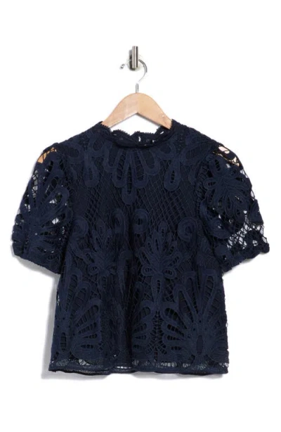 Nvlt Mock Neck Short Sleeve Lace Top In Blue